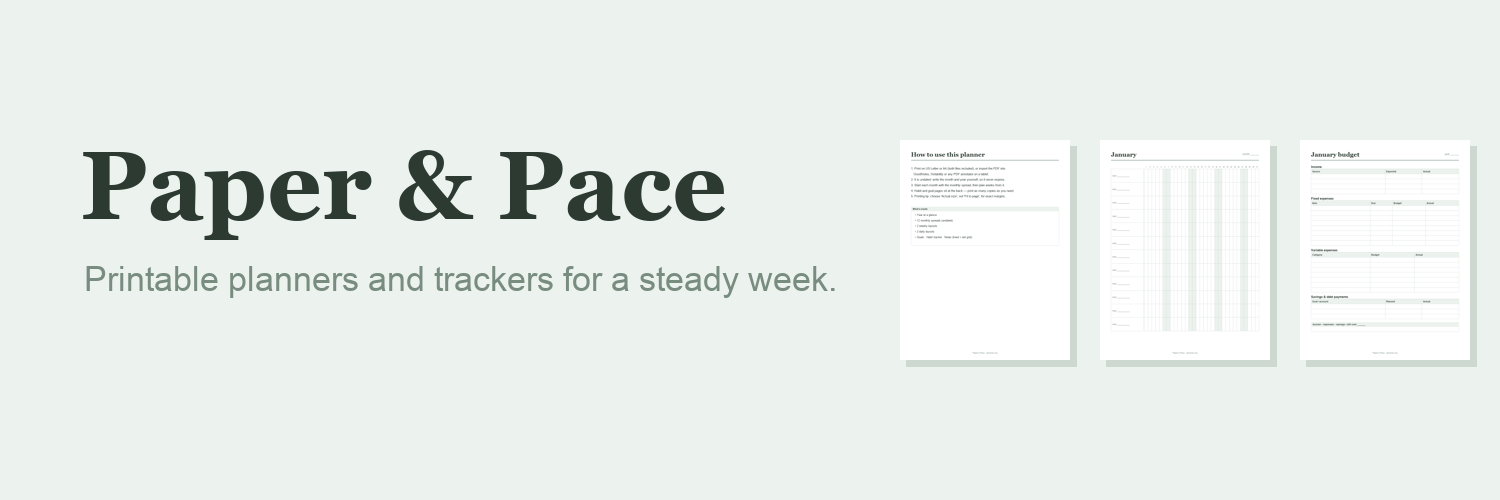 Paper & Pace — pages from the planner, tracker and budget printables