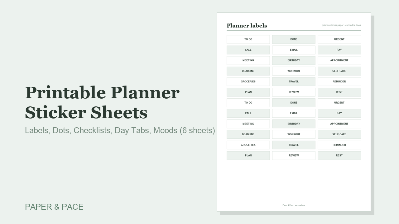 Printable Planner Sticker Sheets — Labels, Dots, Checklists, Day Tabs, Moods (6 sheets)